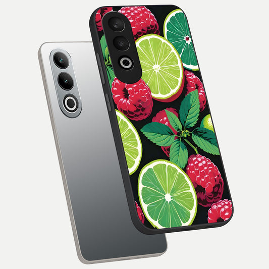  Lime and Raspberry Pattern phone case For Oneplus Nord CE4 showing premium glass back cover with detailed artwork
