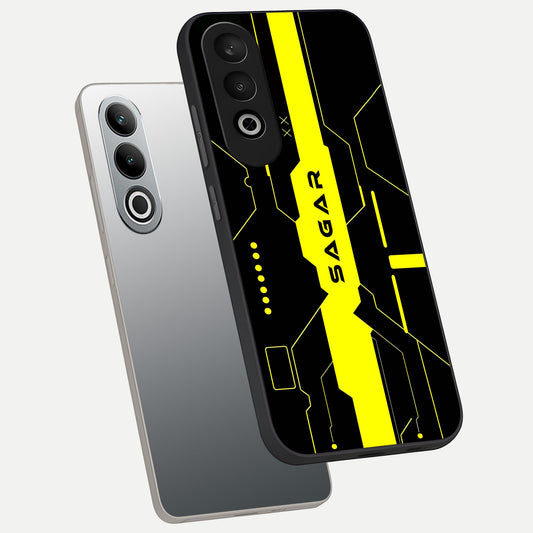  Neon CYBERPUNK Custom Name phone case For Oneplus Nord CE4 showing premium glass back cover with detailed artwork
