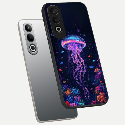  Neon Jellyfish phone case For Oneplus Nord CE4 showing premium glass back cover with detailed artwork