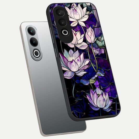  Purple Lotus Pattern phone case For Oneplus Nord CE4 showing premium glass back cover with detailed artwork