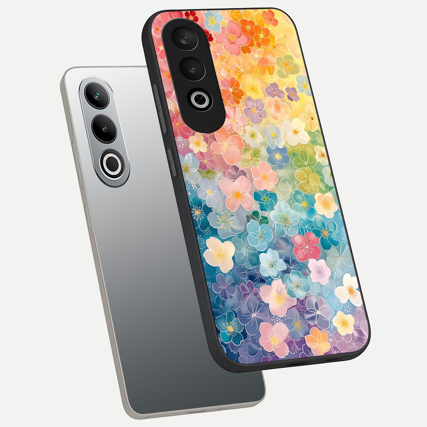  Rainbow Blossom Burst phone case For Oneplus Nord CE4 showing premium glass back cover with detailed artwork