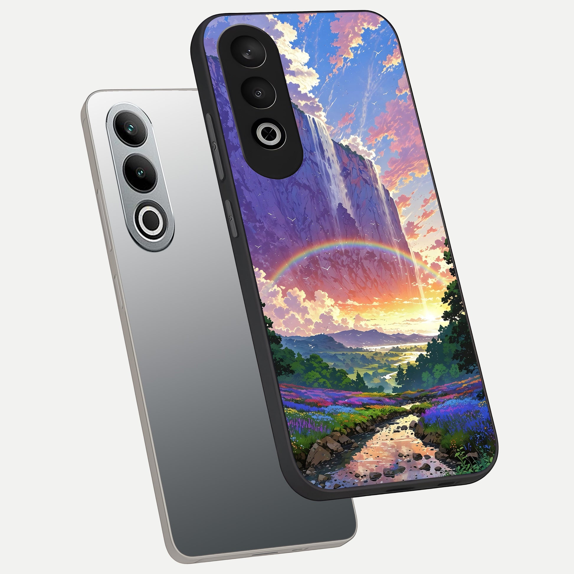  Rainbow Valley Dream phone case For Oneplus Nord CE4 showing premium glass back cover with detailed artwork