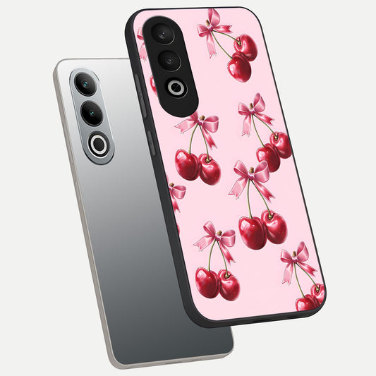  Red Cherries Pattern phone case For Oneplus Nord CE4 showing premium glass back cover with detailed artwork