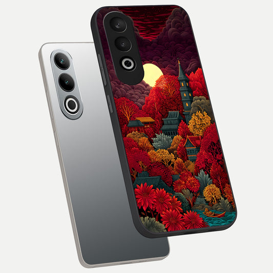  Scarlet Autumn Temple phone case For Oneplus Nord CE4 showing premium glass back cover with detailed artwork