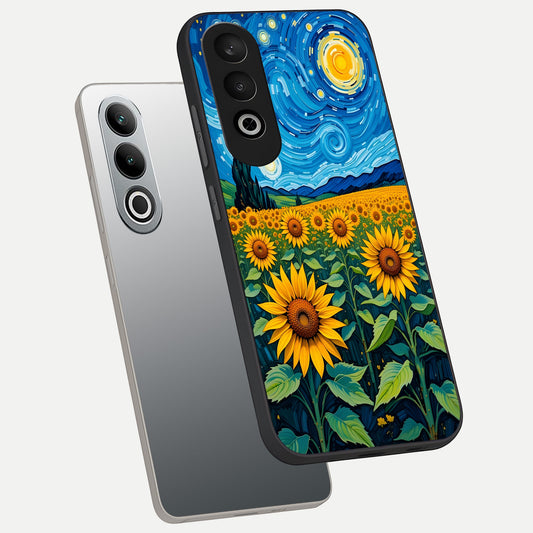  Starry Sunflower Dreams phone case For Oneplus Nord CE4 showing premium glass back cover with detailed artwork