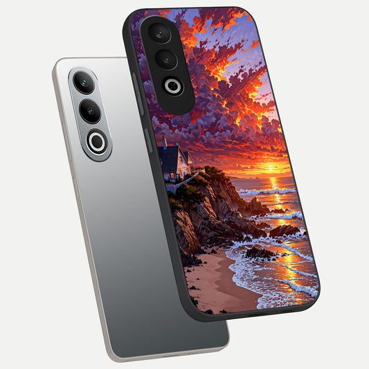 Sunset House By Sea phone case For Oneplus Nord CE4 showing premium glass back cover with detailed artwork