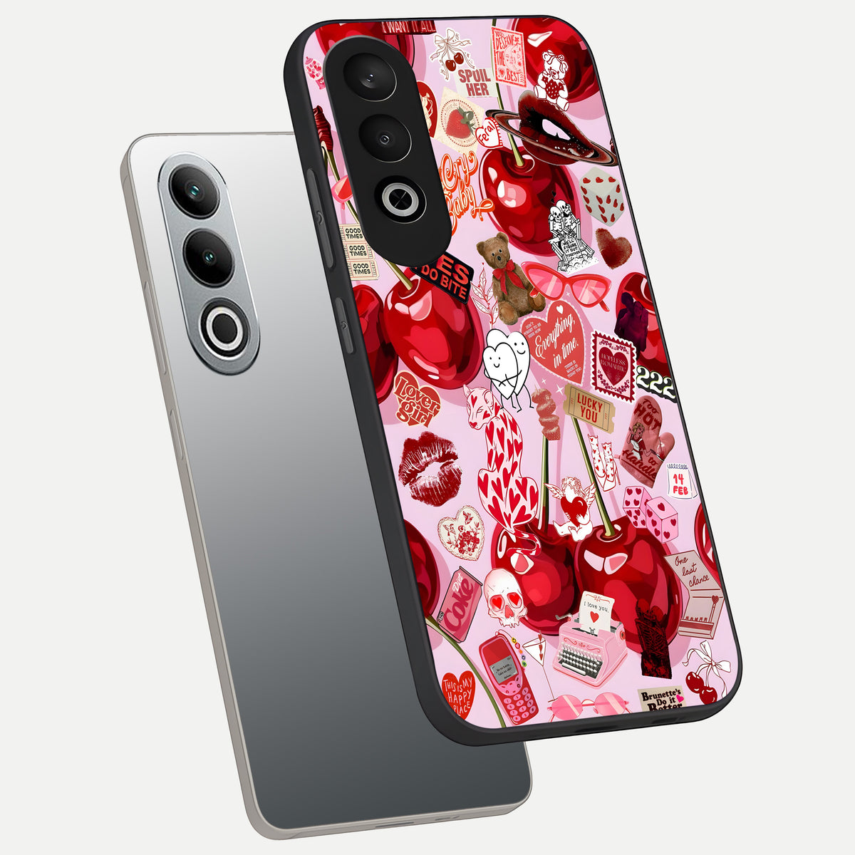  Sweet Cherry Chaos phone case For Oneplus Nord CE4 showing premium glass back cover with detailed artwork