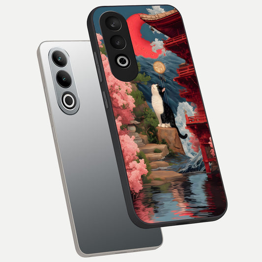  Temple Cat Scenery phone case For Oneplus Nord CE4 showing premium glass back cover with detailed artwork
