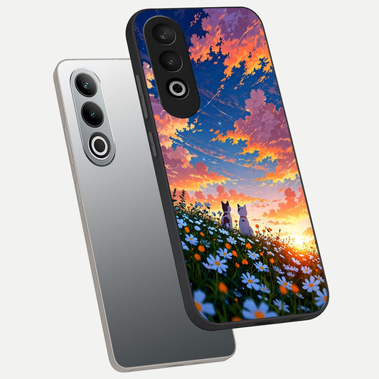  Two Cats Friends phone case For Oneplus Nord CE4 showing premium glass back cover with detailed artwork