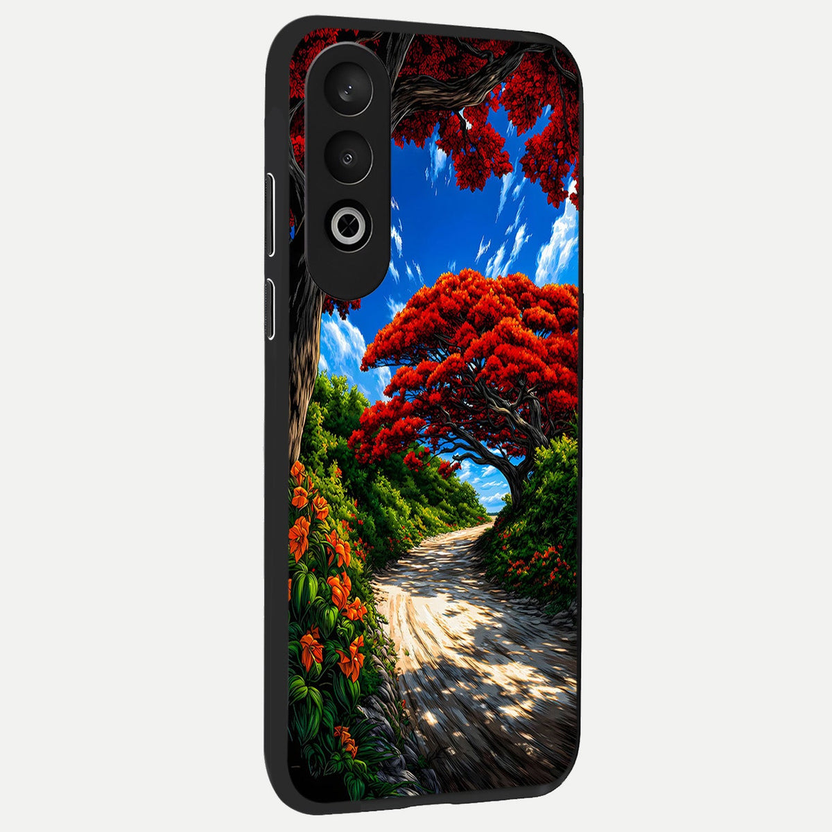  Red Trees Pathway back cover For Oneplus Nord CE4 slim fit glass case with vibrant aesthetic design
