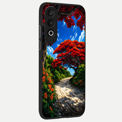 Red Trees Pathway back cover For Oneplus Nord CE4 slim fit glass case with vibrant aesthetic design