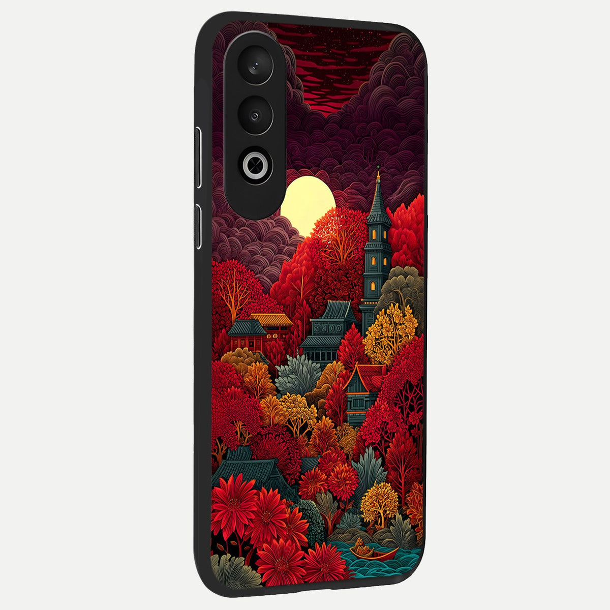  Scarlet Autumn Temple back cover For Oneplus Nord CE4 slim fit glass case with vibrant aesthetic design