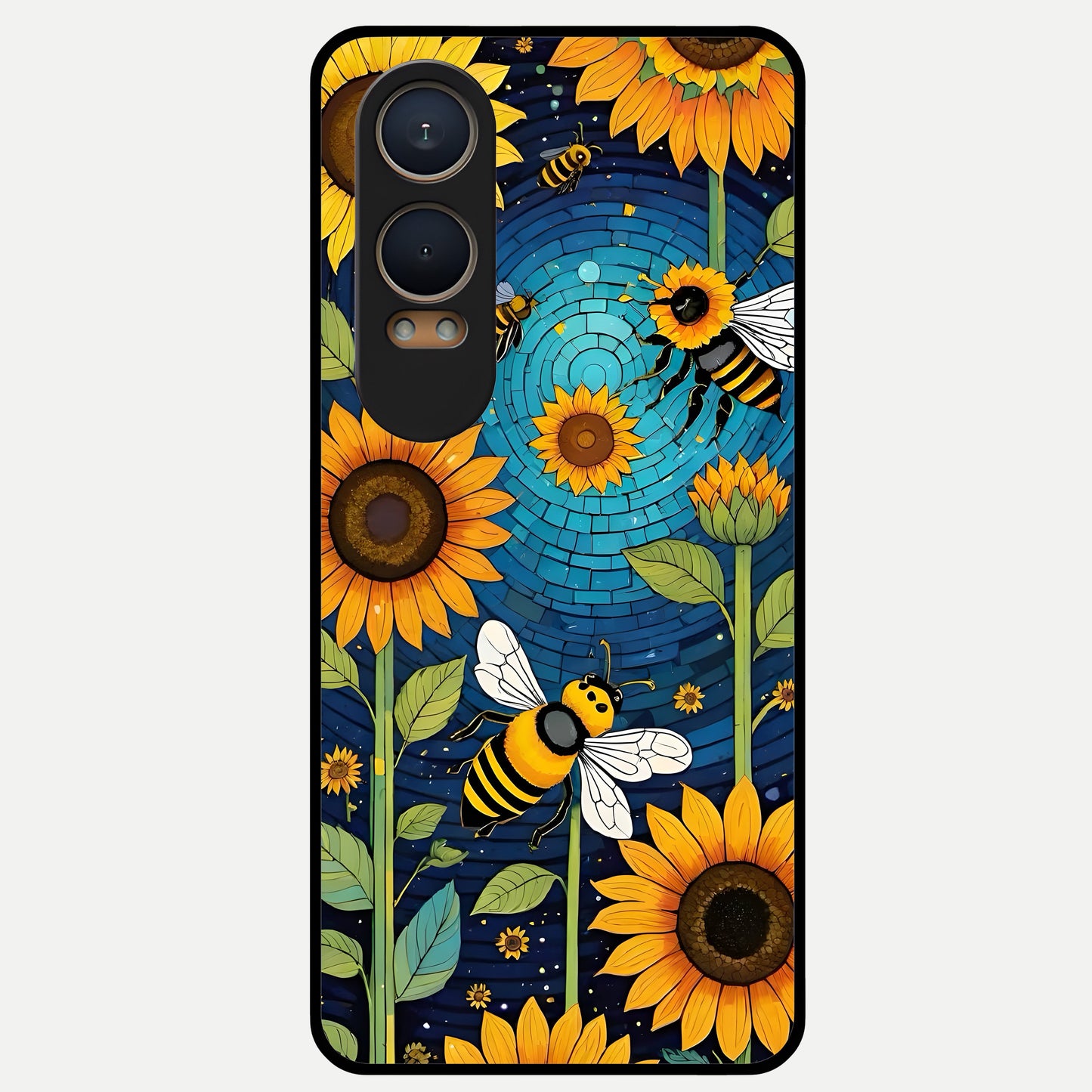  Bees And Sunflowers Glass Case For Oneplus Nord CE4 Lite back cover – full design glossy printed glass finish