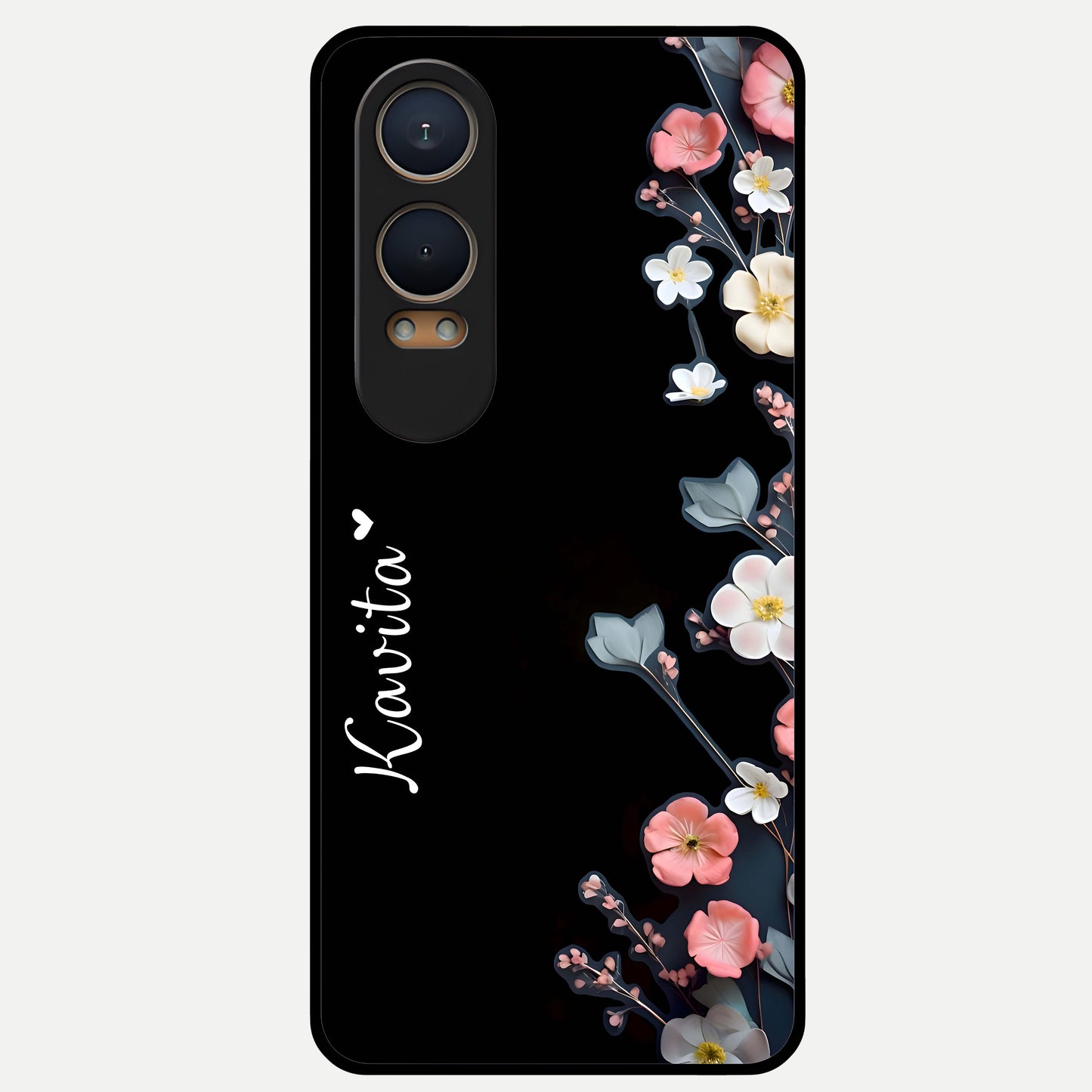  Black Elegance Floral Custom Name Glass Case For Oneplus Nord CE4 Lite back cover – full design glossy printed glass finish