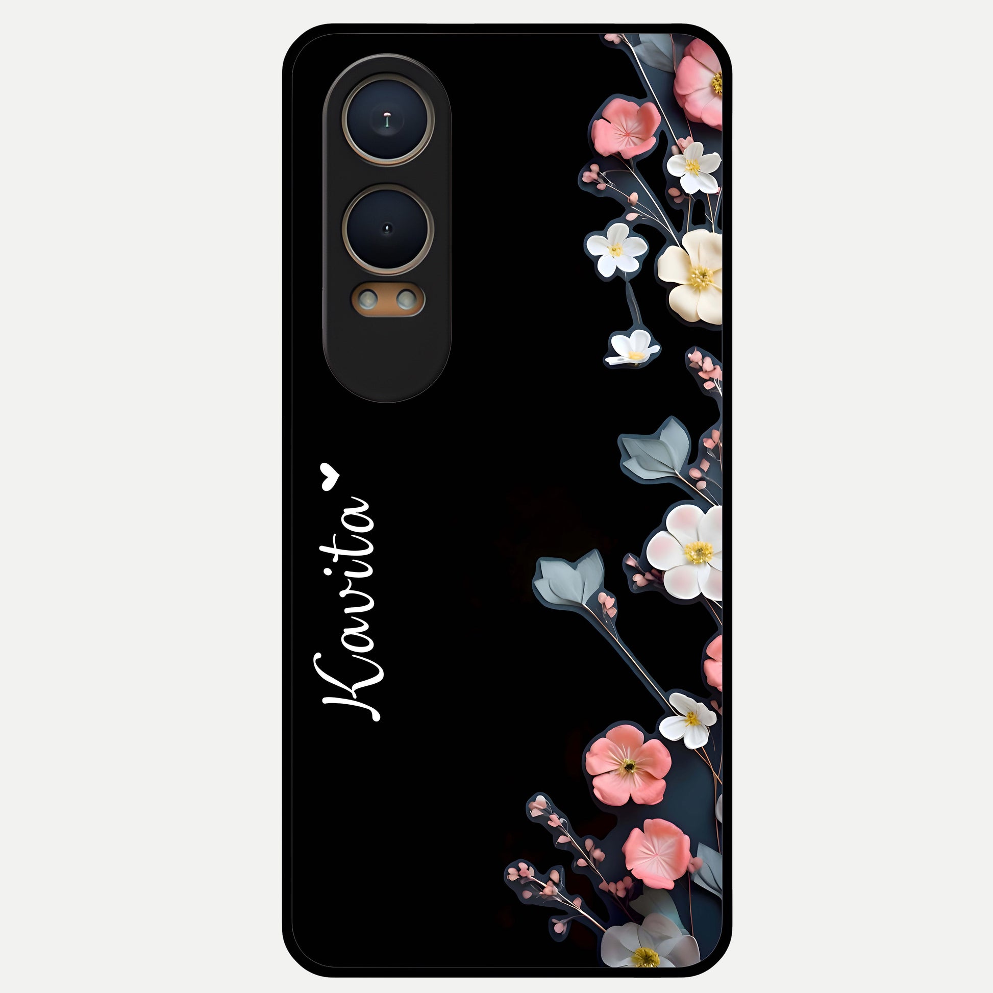  Black Elegance Floral Custom Name Glass Case For Oneplus Nord CE4 Lite back cover – full design glossy printed glass finish