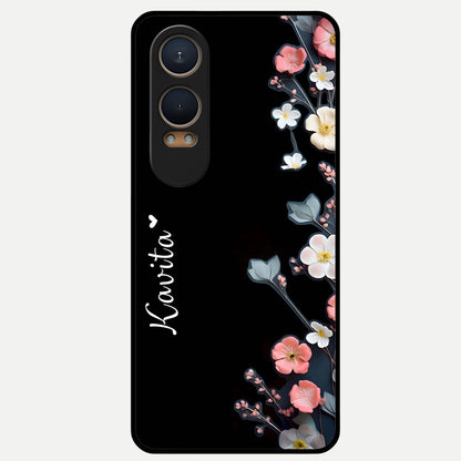  Black Elegance Floral Custom Name Glass Case For Oneplus Nord CE4 Lite back cover – full design glossy printed glass finish