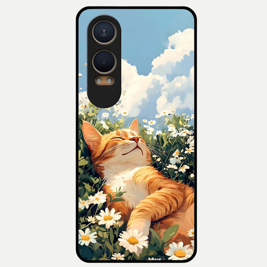  Cat And Flowers View Glass Case For Oneplus Nord CE4 Lite back cover – full design glossy printed glass finish