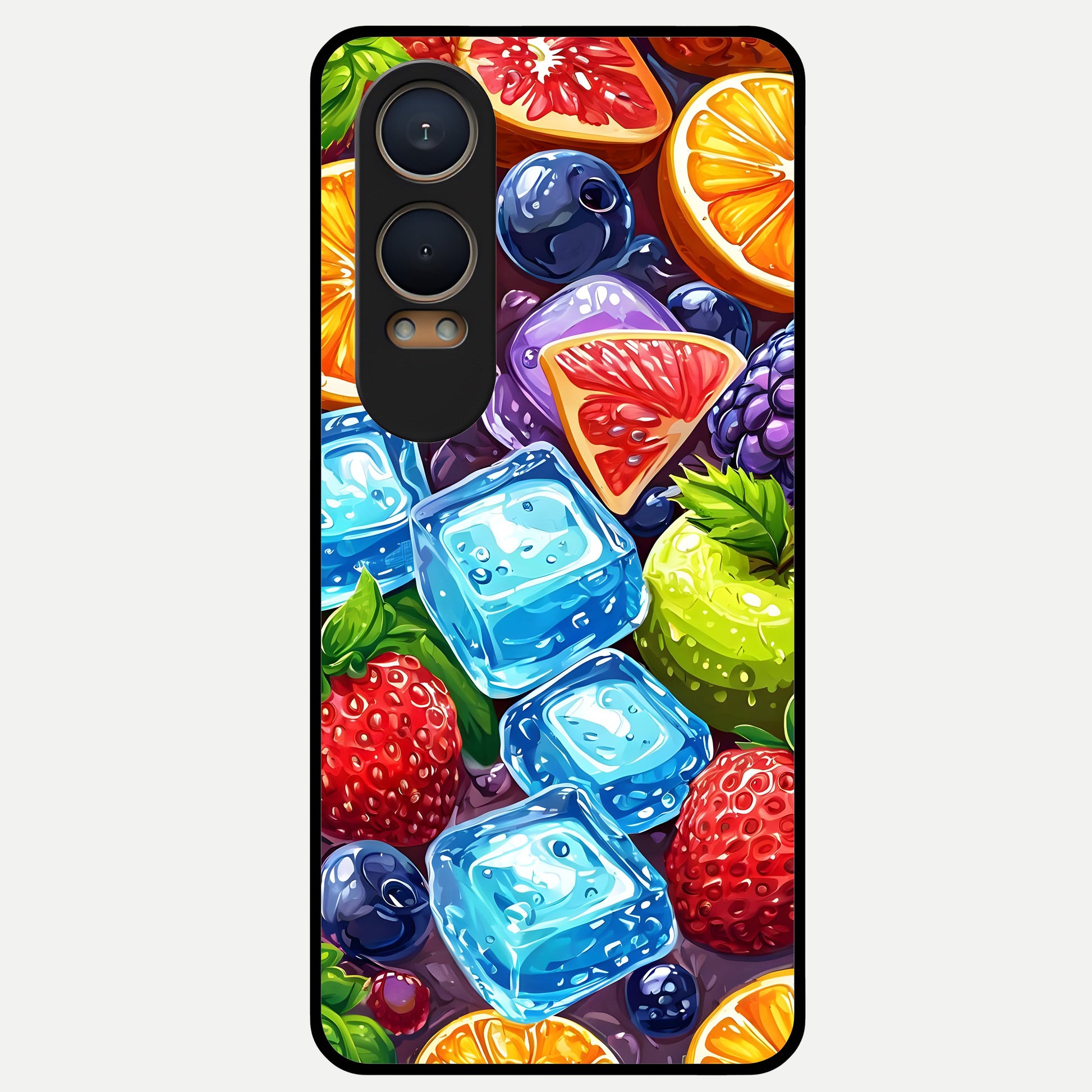  Colorful Fruits with Ice Glass Case For Oneplus Nord CE4 Lite back cover – full design glossy printed glass finish