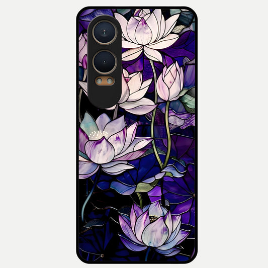  Purple Lotus Pattern Glass Case For Oneplus Nord CE4 Lite back cover – full design glossy printed glass finish
