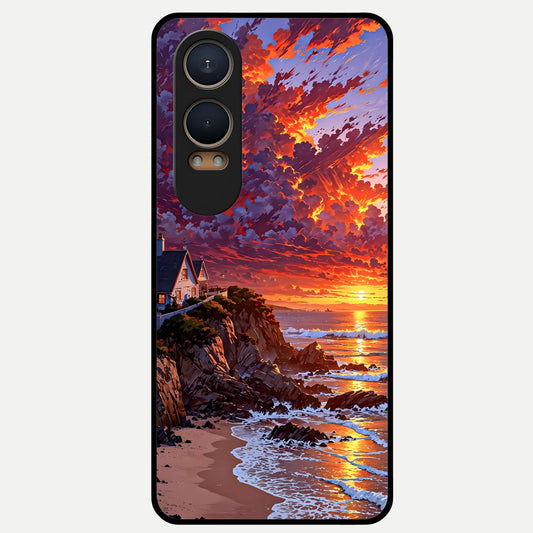  Sunset House By Sea Glass Case For Oneplus Nord CE4 Lite back cover – full design glossy printed glass finish