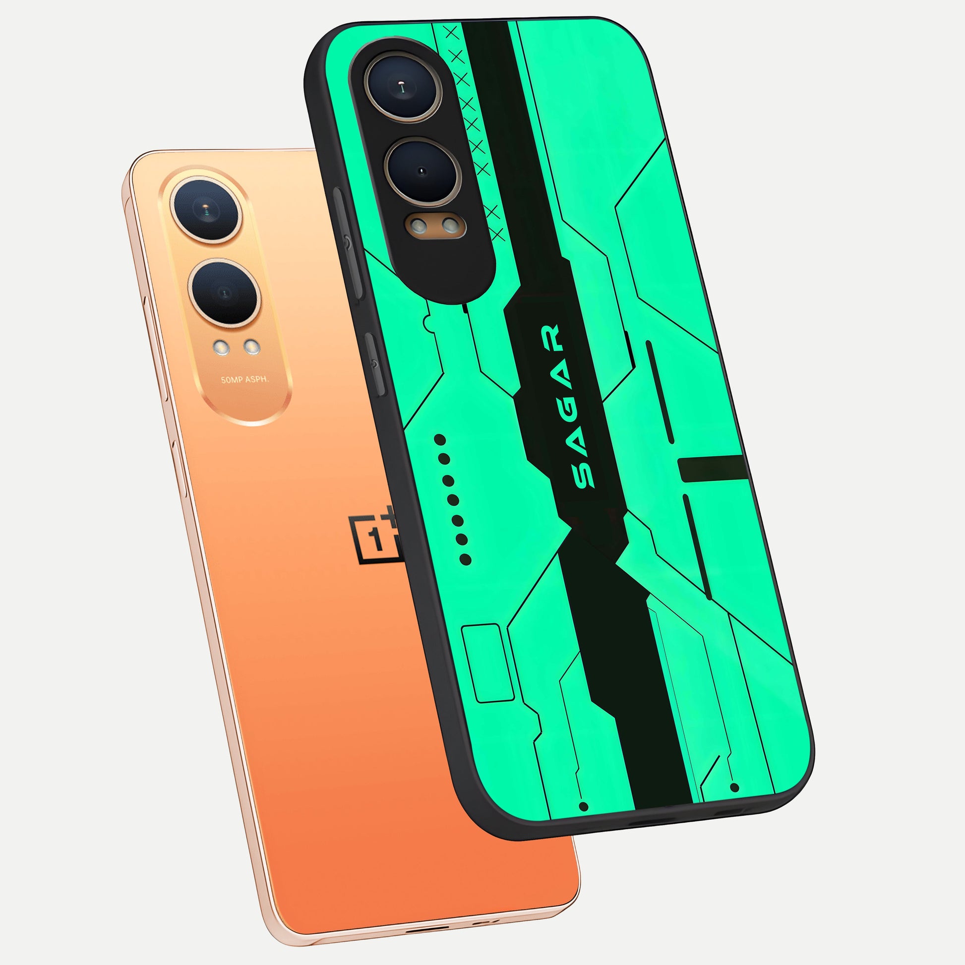  Aqua Tech CYBERPUNK Custom Name phone case For Oneplus Nord CE4 Lite showing premium glass back cover with detailed artwork