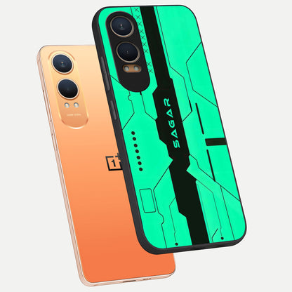  Aqua Tech CYBERPUNK Custom Name phone case For Oneplus Nord CE4 Lite showing premium glass back cover with detailed artwork