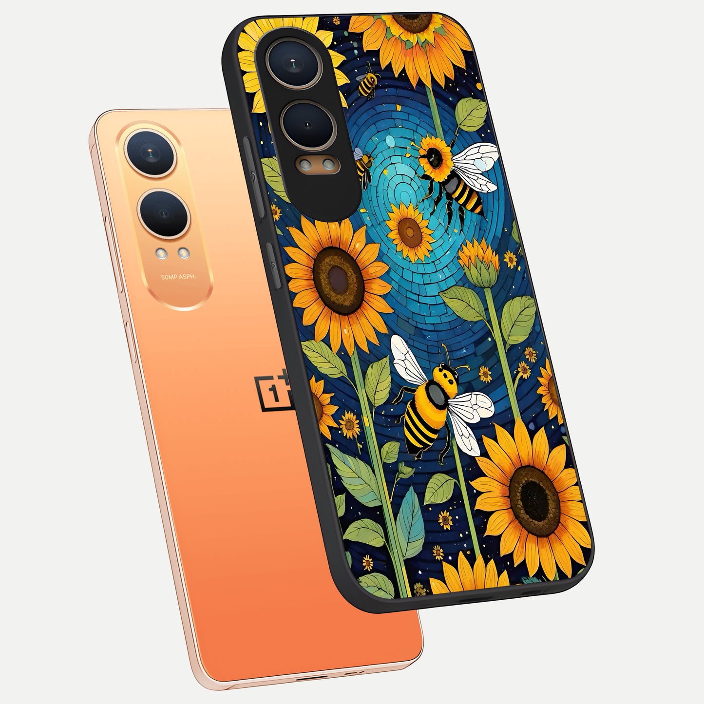  Bees And Sunflowers phone case For Oneplus Nord CE4 Lite showing premium glass back cover with detailed artwork