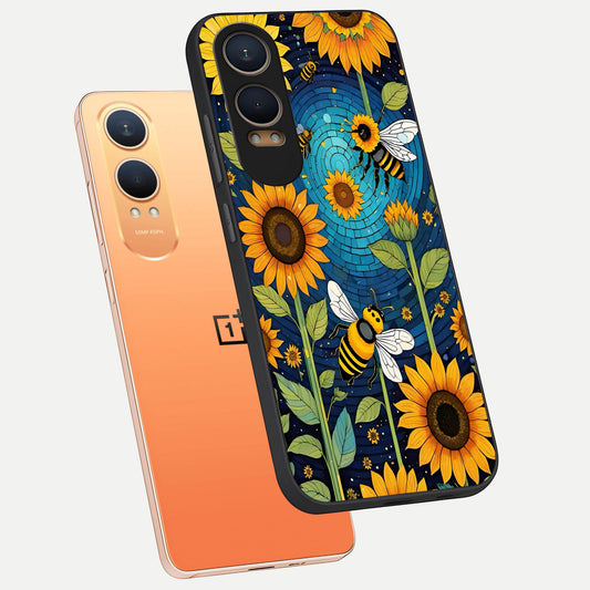  Bees And Sunflowers phone case For Oneplus Nord CE4 Lite showing premium glass back cover with detailed artwork