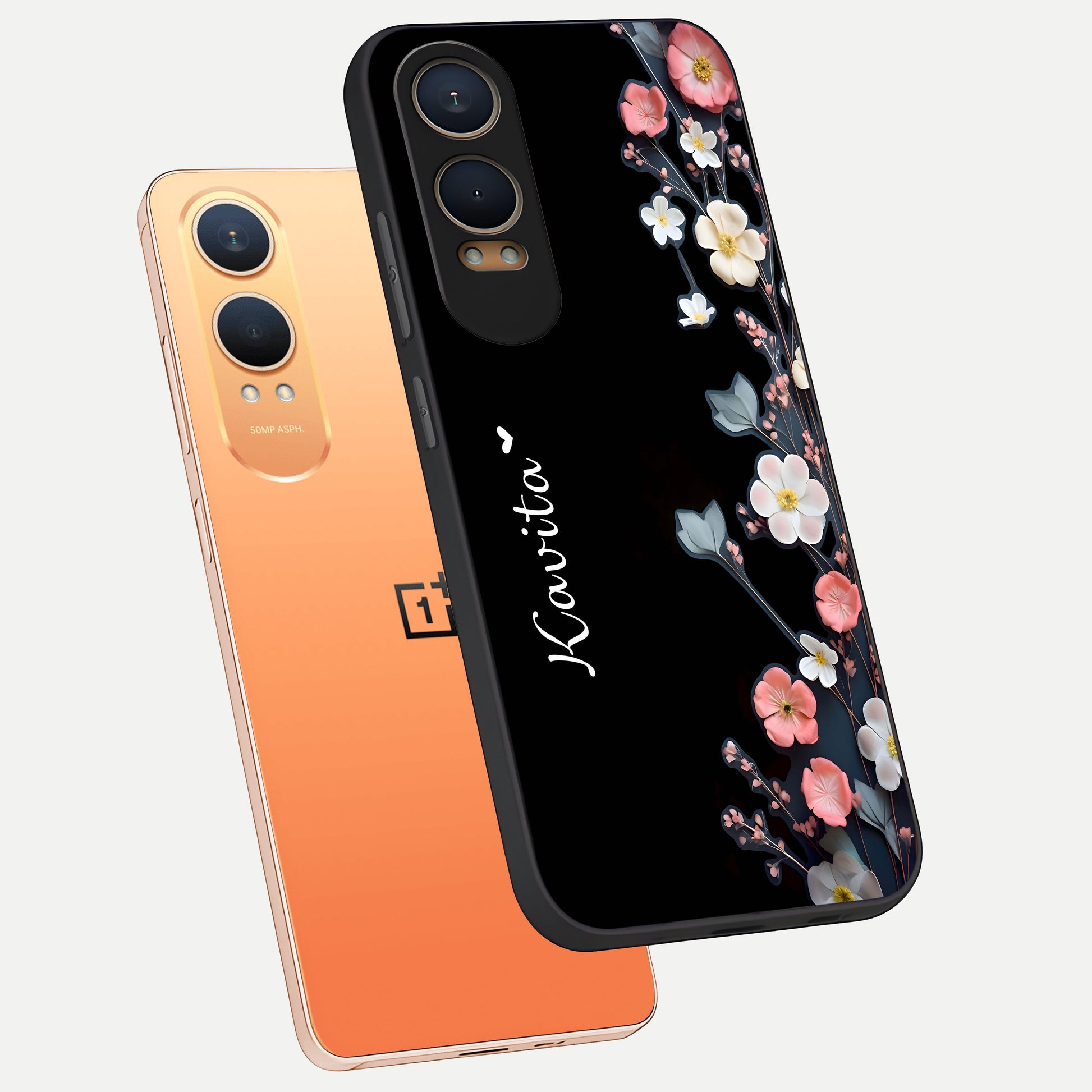  Black Elegance Floral Custom Name phone case For Oneplus Nord CE4 Lite showing premium glass back cover with detailed artwork