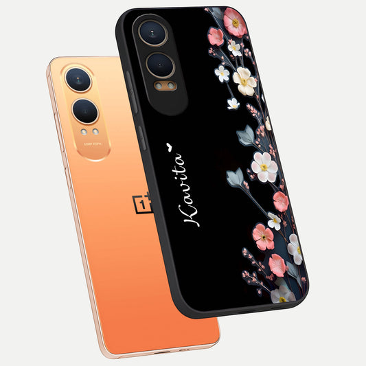  Black Elegance Floral Custom Name phone case For Oneplus Nord CE4 Lite showing premium glass back cover with detailed artwork