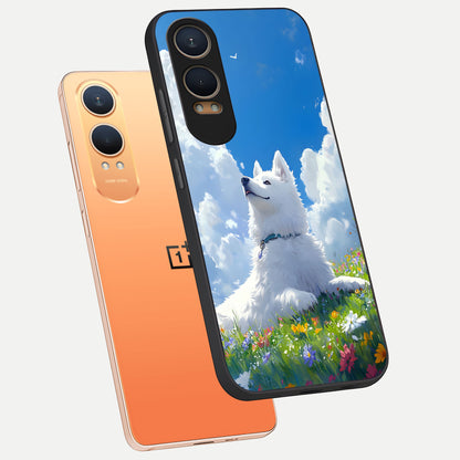 Blissful Cloud Pup phone case For Oneplus Nord CE4 Lite showing premium glass back cover with detailed artwork