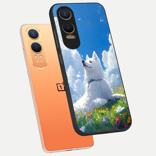  Blissful Cloud Pup phone case For Oneplus Nord CE4 Lite showing premium glass back cover with detailed artwork