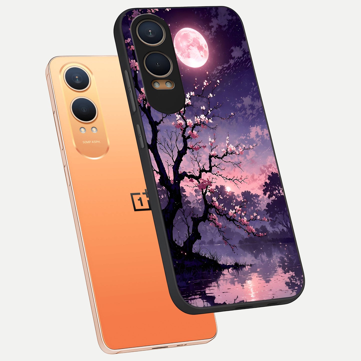  Blossom Pink Moon phone case For Oneplus Nord CE4 Lite showing premium glass back cover with detailed artwork