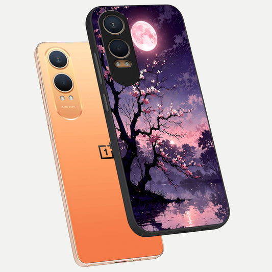  Blossom Pink Moon phone case For Oneplus Nord CE4 Lite showing premium glass back cover with detailed artwork