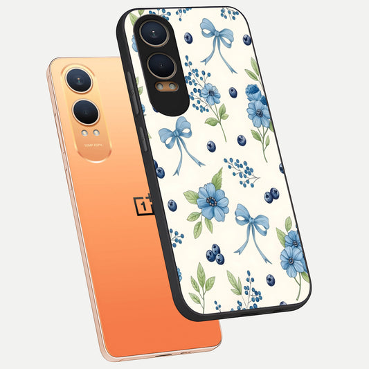  Blue Flower And Bow phone case For Oneplus Nord CE4 Lite showing premium glass back cover with detailed artwork