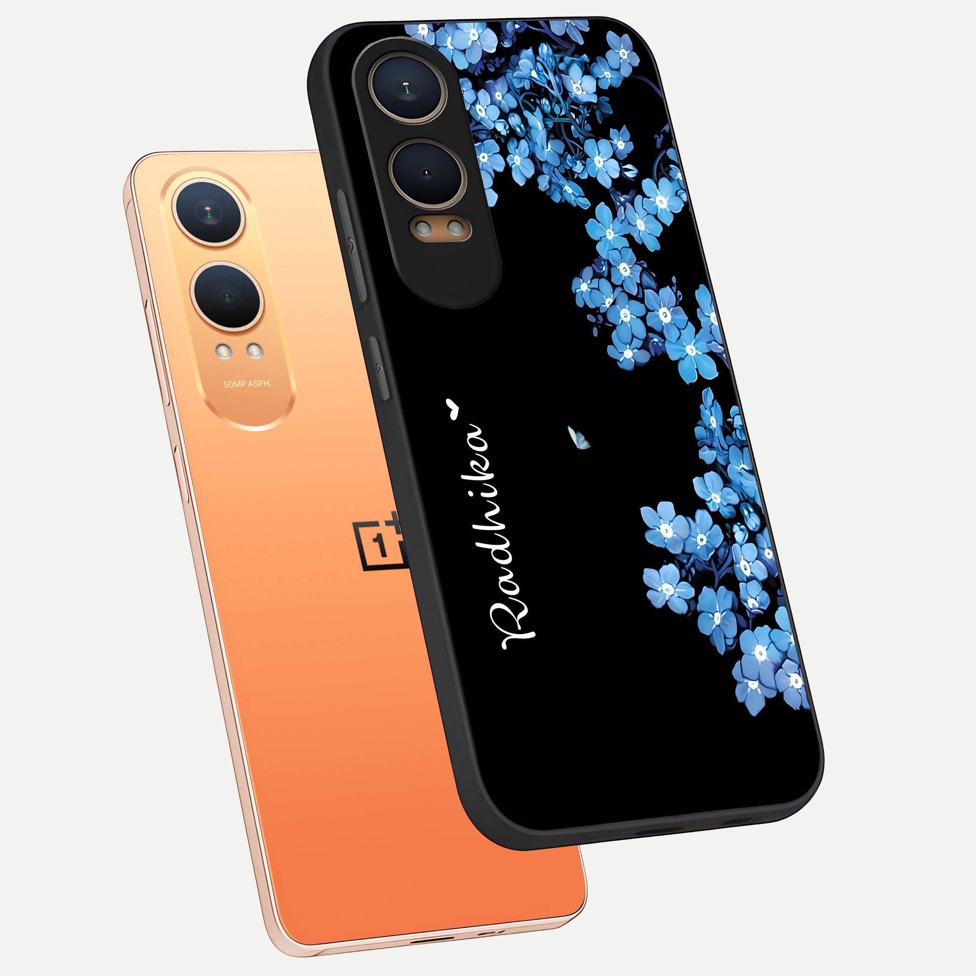  Blue Petal Dream Custom Name phone case For Oneplus Nord CE4 Lite showing premium glass back cover with detailed artwork