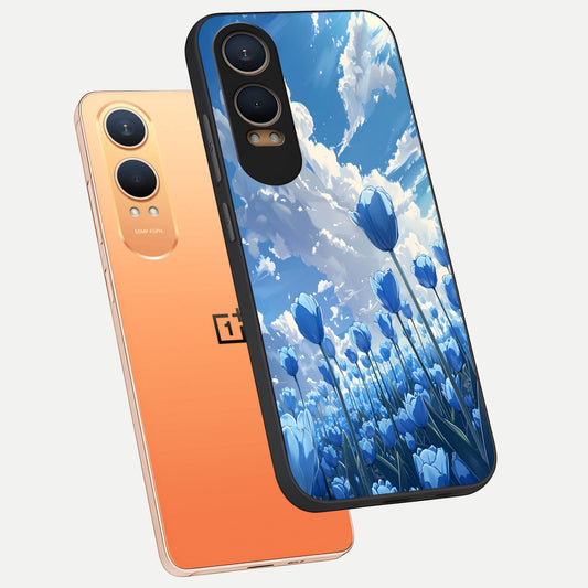  Blue Tulip Clouds phone case For Oneplus Nord CE4 Lite showing premium glass back cover with detailed artwork