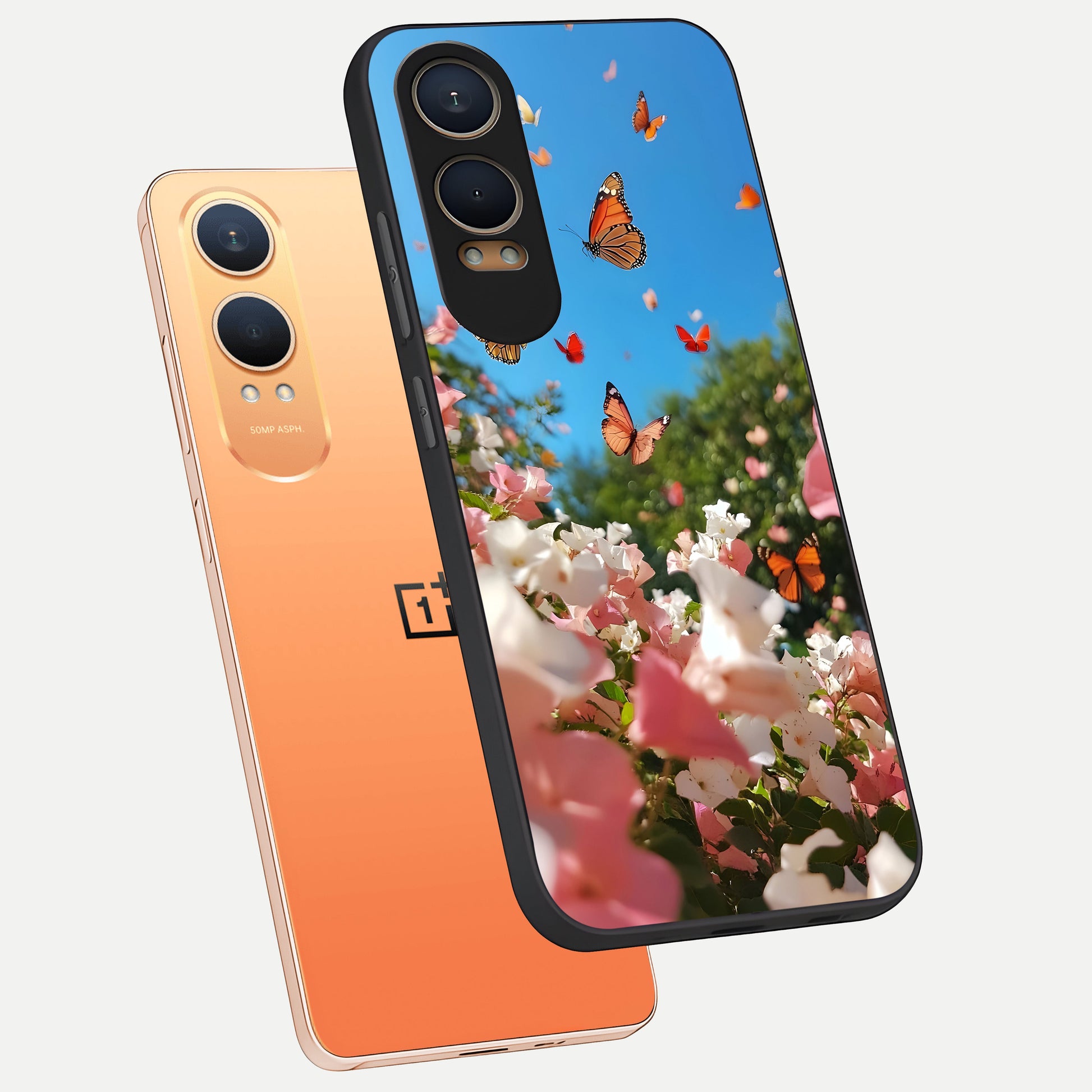  Butterflies In Bloom Sky phone case For Oneplus Nord CE4 Lite showing premium glass back cover with detailed artwork