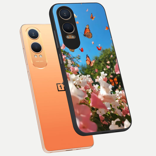  Butterflies In Bloom Sky phone case For Oneplus Nord CE4 Lite showing premium glass back cover with detailed artwork