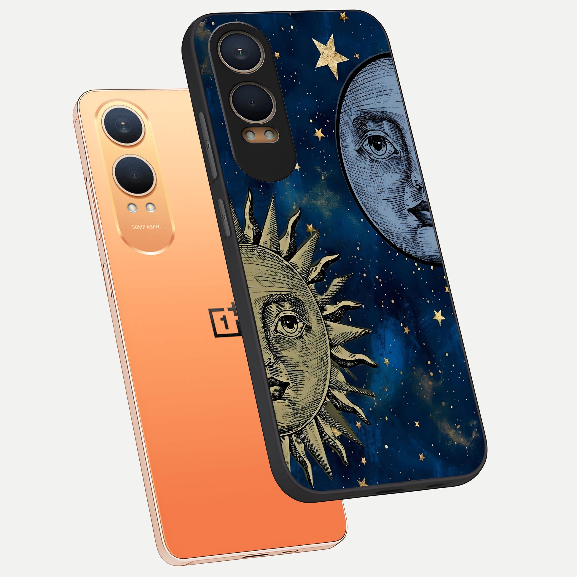  Celestial Moon With Sun phone case For Oneplus Nord CE4 Lite showing premium glass back cover with detailed artwork