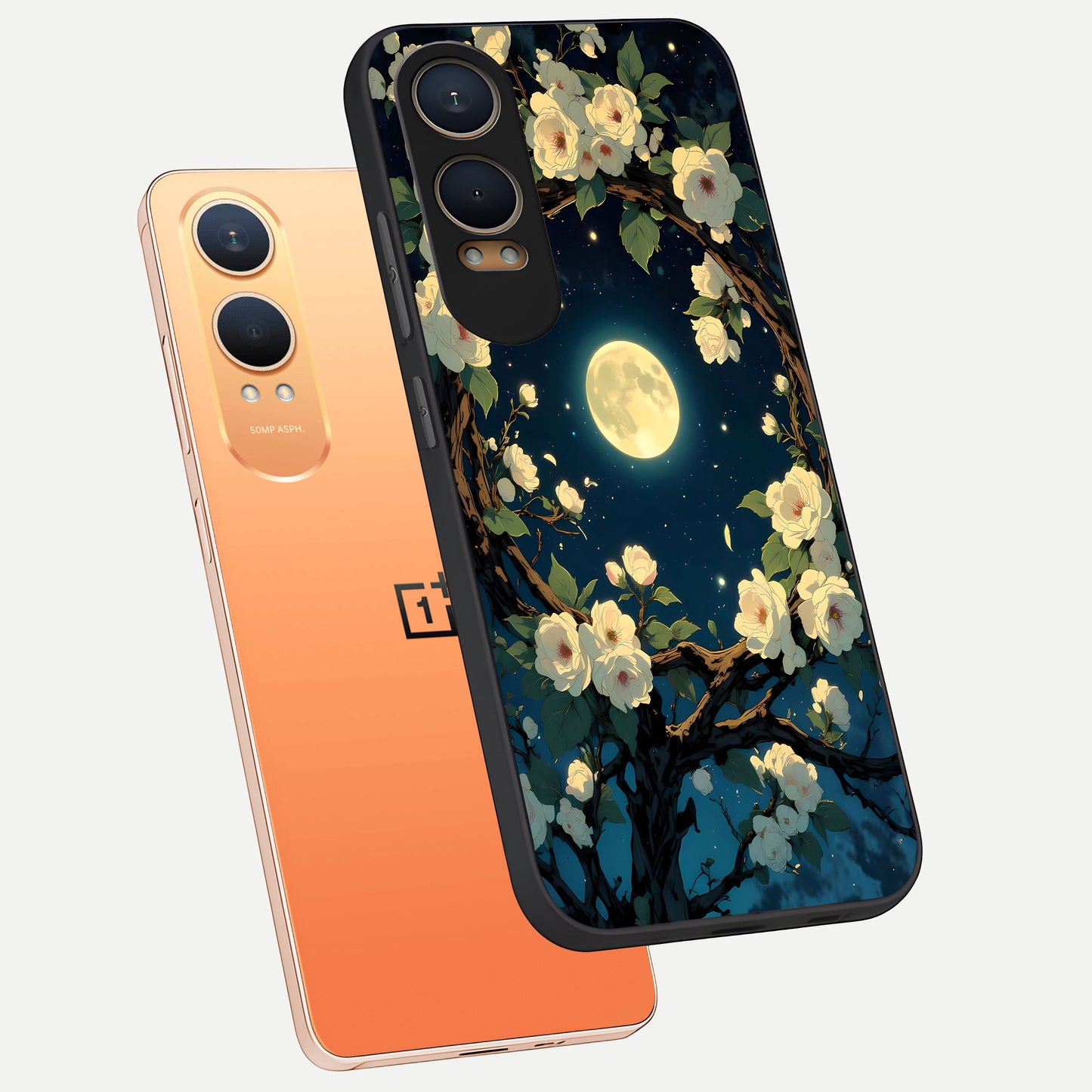  Celestial Moon And Flower phone case For Oneplus Nord CE4 Lite showing premium glass back cover with detailed artwork