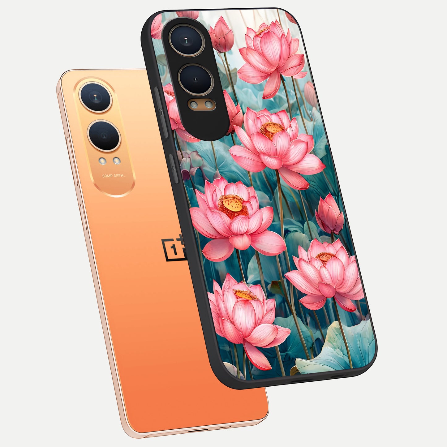  Celestial Pink Lotus phone case For Oneplus Nord CE4 Lite showing premium glass back cover with detailed artwork