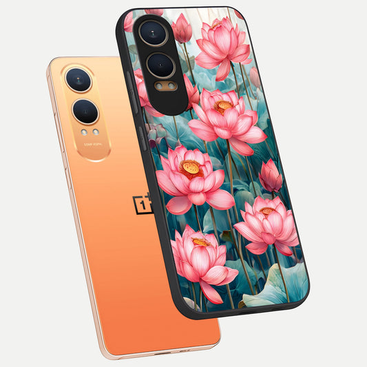  Celestial Pink Lotus phone case For Oneplus Nord CE4 Lite showing premium glass back cover with detailed artwork