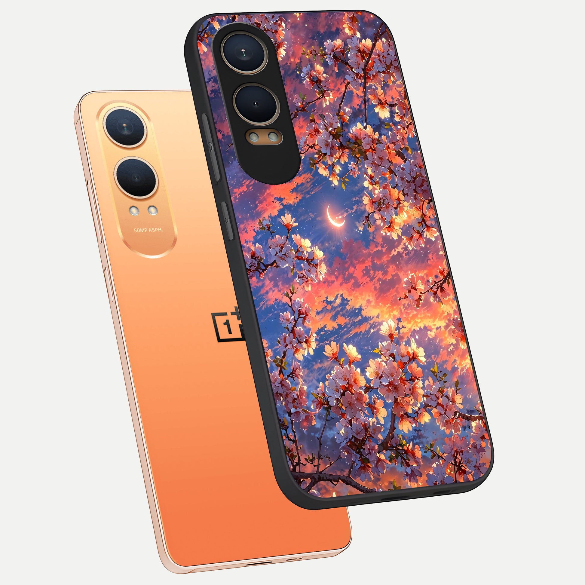  Celestial Sakura Sunset phone case For Oneplus Nord CE4 Lite showing premium glass back cover with detailed artwork