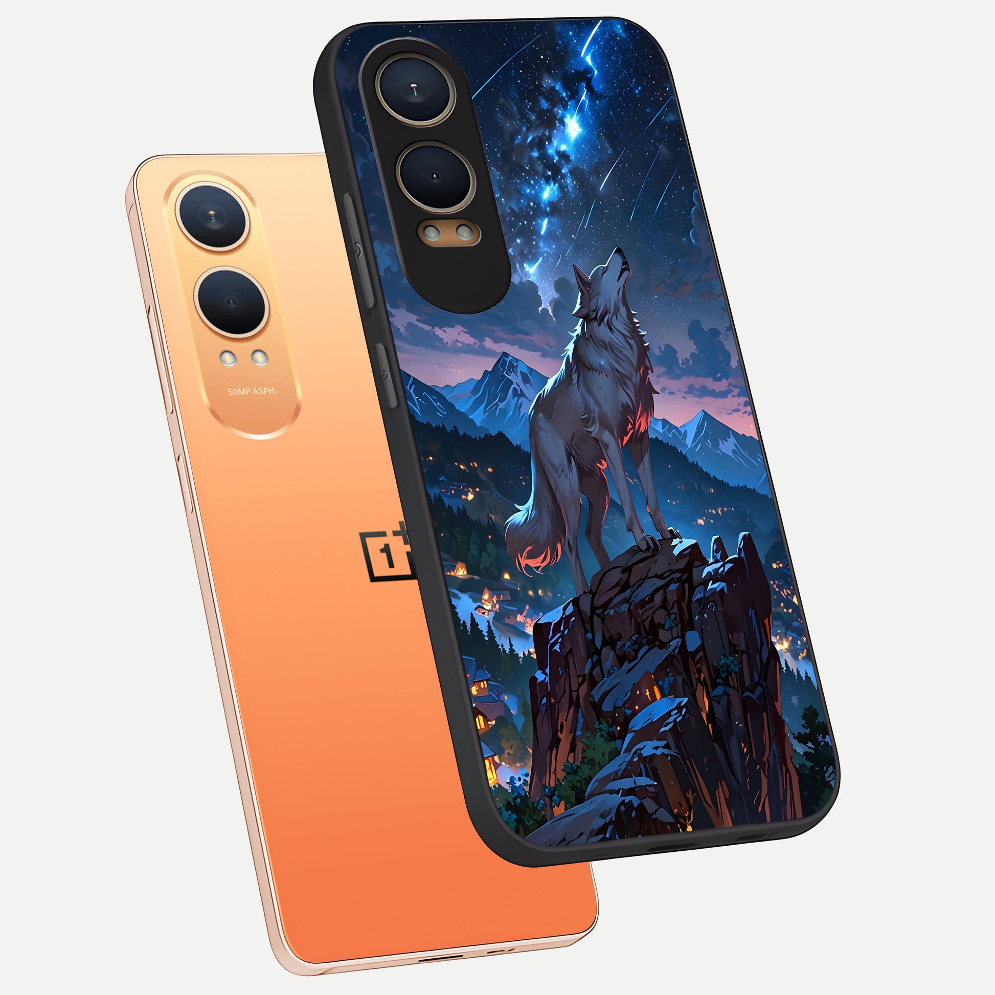  Celestial Wolf Howl phone case For Oneplus Nord CE4 Lite showing premium glass back cover with detailed artwork