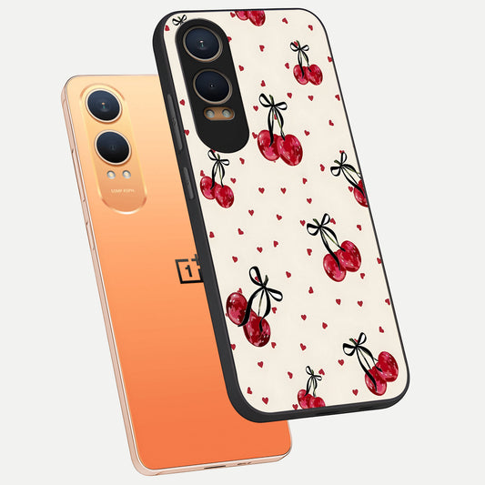  Cherry Heart Bow phone case For Oneplus Nord CE4 Lite showing premium glass back cover with detailed artwork