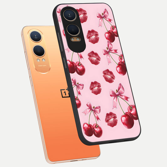  Cherry With Lips phone case For Oneplus Nord CE4 Lite showing premium glass back cover with detailed artwork