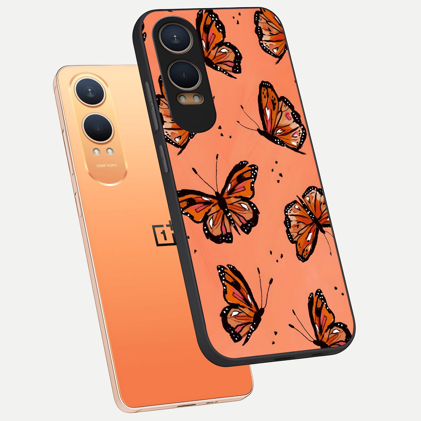  Coral Wing Butterfly phone case For Oneplus Nord CE4 Lite showing premium glass back cover with detailed artwork