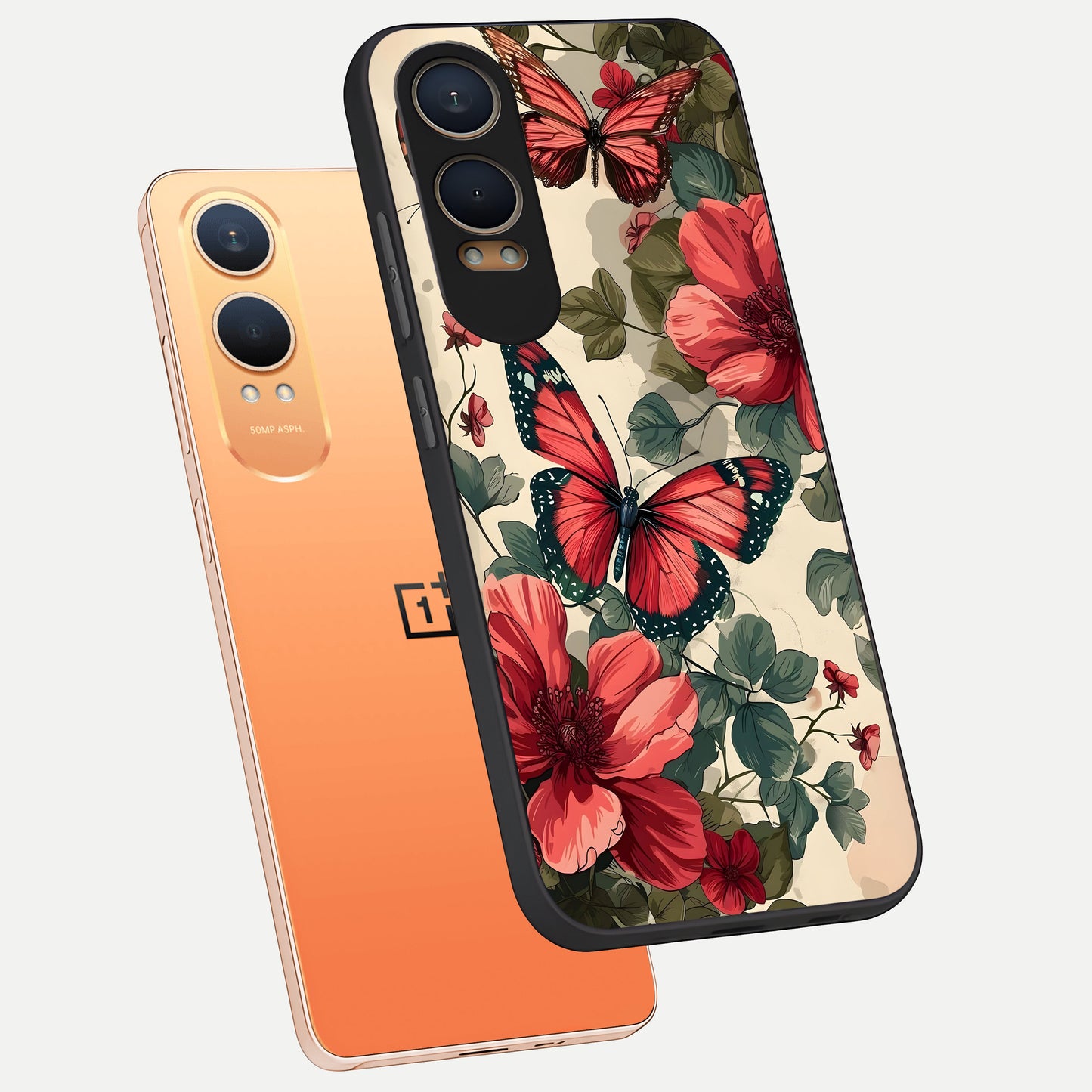  Crimson Butterfly Garden phone case For Oneplus Nord CE4 Lite showing premium glass back cover with detailed artwork