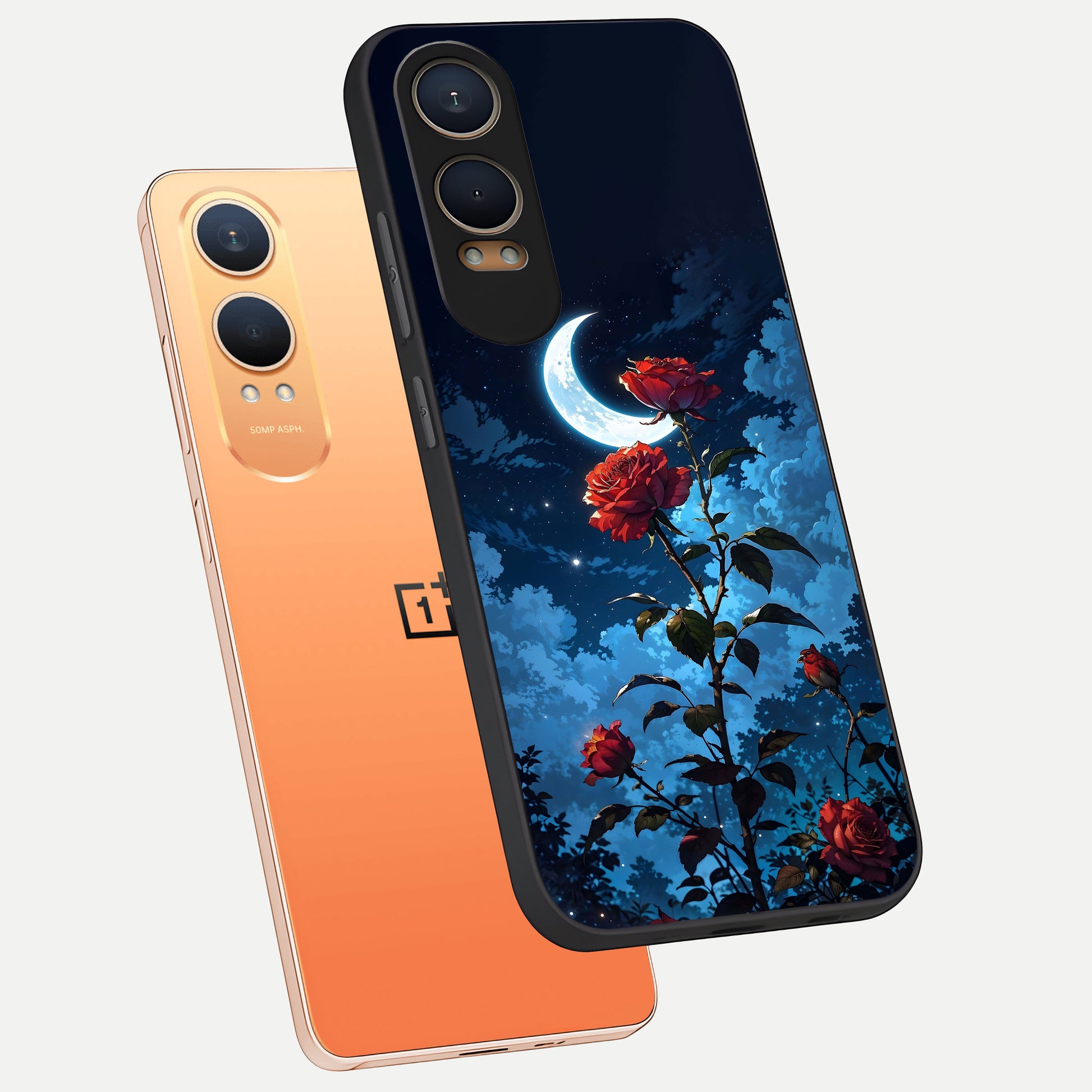  Crimson Rose Moon phone case For Oneplus Nord CE4 Lite showing premium glass back cover with detailed artwork
